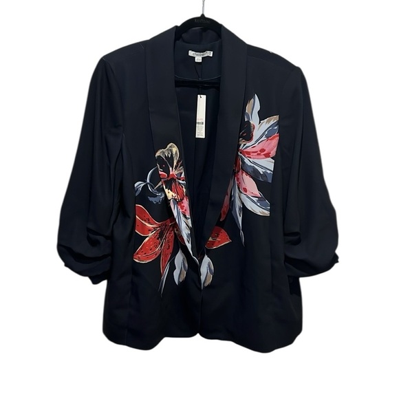 Chicos navy floral ruched sleeve soft open front blazer jacket size 3.5 XL - Picture 2 of 13